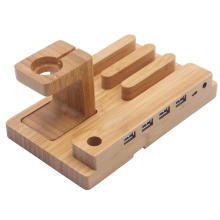 new products bamboo wood charging stand with USB 2.0 4 port hub port for all mobile phone charger